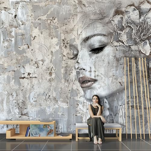 Wandbild 3D Tapete Retro Grau Beton Frau Gesicht Wandkunst 3D Effek Wandbild Aufkleber Büro Heimdekoration Fototapete Wohnzimmer Schlafzimmer
