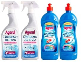 Agerul - Limpiador Oxigeno activo con pulverizador 2+2 sin pulverizador (4 unidades) Azulejos, juntas, acero inoxidable, plásticos, encimeras, sanitarios, grifería, fregaderos sin aclarar.