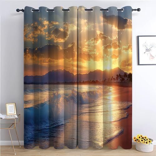 Vorhang Blickdicht Thermovorhang Schöner Sonnenuntergang am Strand Muster Gardinen Wohnzimmer Vorhänge Geräuschreduzierung Dekoration für Schlafzimmer Goldener Strand mit Meereswellen 260 x 140 cm