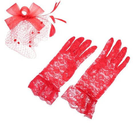 SOIMISS Schleier-spitzen-handschuhe Abschlussball Teepartyhut Für Frauen Schwarzes Stirnband Mit Schleier Mesh-schleier-gesicht Bowknot-fascinator-hut Ballhandschuhe Brautschleier Hüte Rot