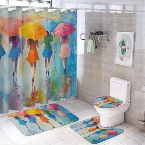 AEMYSKA Juego de cortina de ducha con diseño de paraguas de acuarela con alfombras, colorido juego de accesorios de baño para mujer que camina, incluye alfombras antideslizantes, cubierta de tapa de