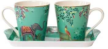 Sara Miller London Indien mugg- och brickset, elefantoas – 3-delat brunchset – 2 porslinsmuggar med 22 karat gulddetaljer och koordinerande melaminbricka för eftermiddagste ste-stunder och speciella