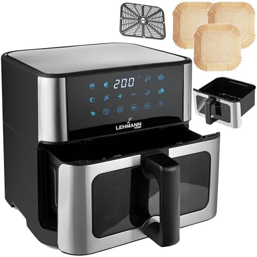 LEHMANN Heißluftfritteuse 10L mit großen Sichtfenster, Air Fryer XXL mit WiFi-Steuerung, 12 Programmen & Temperaturregelung 80–200 °C, Antihaftbeschichtet, Spülmaschinenfest, Familiengröße