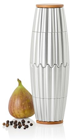 AdHoc MagTwo Magnetische Pfeffer- & Salzmühle, Doppelmühle 2-in-1 Silber | Als Doppelmühle oder 2 Gewürzmühlen nutzbar, Keramikmahlwerk, stufenlos verstellbar, Aromaschutzkappen aus Holz