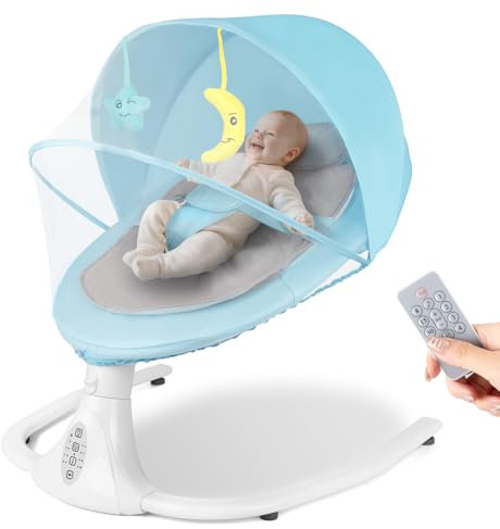 Babywippe Elektrisch, Babyschaukel Stuhl mit Bluetooth, Fernbedienung, Moskitonetz, Abnehmbares Sitzkissen 4 Geschwindigkeiten & 4 Timer, Schaukel ab Geburt für 6 Monate (Blau)