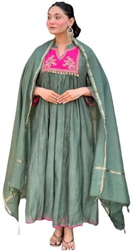 GoSriKi Kurta Anarkali da donna in rayon viscosa ricamata con pantaloni e Dupatta, pista, L