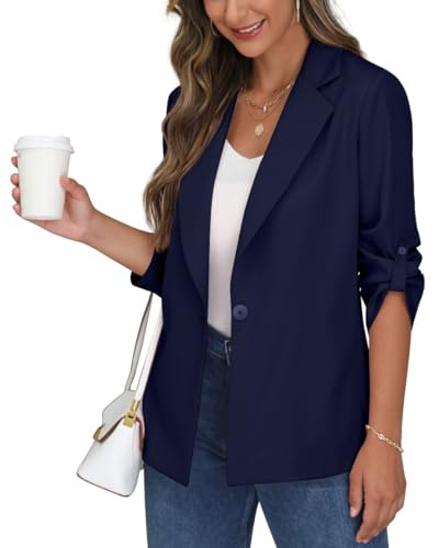 PrinStory Blazer dam kontor långblazer, justerbara ärmar, kavaj, kavaj, sportig, elegant jack, Marinblå, 36