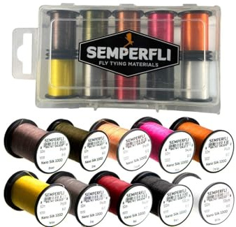 Semperfli Nano Silk GSP Boîte de collecte de 10 bobines de fil pour fixation de mouches (100D 6/0)