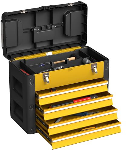 HOMCOM 4 Drawers Large Tool Box, Powder Coated Steel Toolbox with Top Tray, Mini Parts Boxes, Ball Bearing Runners, Handle, Heavy Duty Tool Chest for Workshop, Garage, 497mm x 253mm x 407mm, Yellow