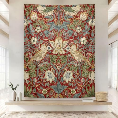 Fchen art Mittelalterlicher rustikaler vertikaler Wandteppich, 203 x 230 cm, symmetrisches Naturdesign mit Erdbeeren, Vögeln und Grün, inklusive Haken für Boho-Heimdekoration, Rot/Grün