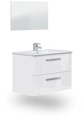duehome | Mueble de Baño Suspendido con 2 Cajones y Espejo, Modulo Lavabo, Modelo Feel, Acabado en Blanco Brillo, Medidas: 80 cm (Ancho) x 60 cm (Alto) x 45 cm (Fondo)