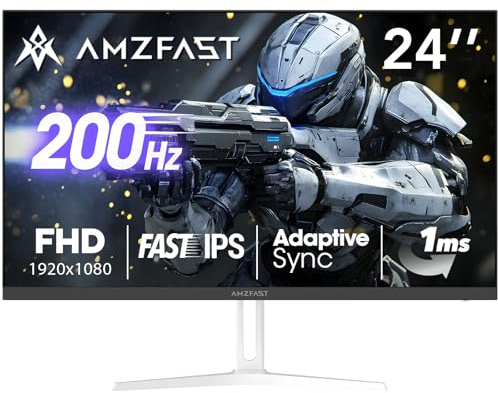Amzfast 24 Inch Gaming Monitor 200Hz FHD 1080p Fast IPS Computer Monitor, 110% sRGB 1ms HDR Support Adaptive Sync, Eye Care VESA Mount HDMI 2.0 | Display Port 1.4 White Monitor, AMZG24X1W