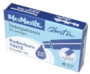 McNeill - Cartucce d'inchiostro Ghost Pen - Confezione da 4 cartucce blu - Inchiostro cancellabile termicamente per penna stilografica Ghost Pen | Cartucce di ricambio in diversi colori | Scrittura