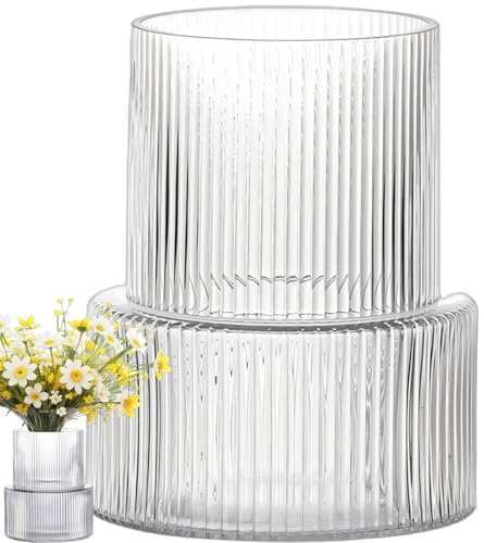 Duscdesp Vase, Glasvase, Vasen für Geriffelt Glas, Glasvasen Grau, Durchsichtig Blumenvase Modern,Groß Blumenvasen, Rosenvase für Deko Wohnzimmer, Tischdeko, Aesthetic Room Decor (Transparent)