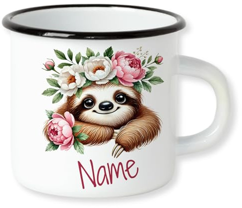 GRAZDesign Personalisierte Emaille Tasse Faultier mit Namen mit Blumen für Mädchen Kinderbecher Sloth