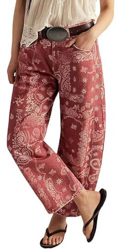 loveimgs Jeans Larghi da Donna con Stampa Floreale in Denim alla Caviglia Pantaloni a Gamba Larga Jeans a Vita Media Pantaloni della Tuta Patchwork Y2k, Rosso Rosato, L