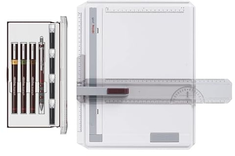 rOtring Juego de tablero de dibujo de perfil A4 y bolígrafo Isograph Junior | 3 rotuladores técnicos recargables, lápiz mecánico y cartuchos de tinta | Kit de dibujo de precisión alemán para