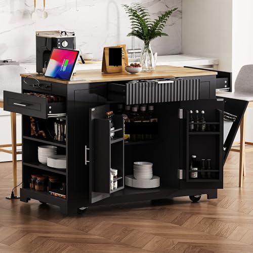 Rolling Kitchen Island con contenitore per bidone della spazzatura, presa di corrente, 3 cassetti, 5 ruote, scaffali laterali aperti e stoccaggio interno, carrello da cucina versatile con ripiani
