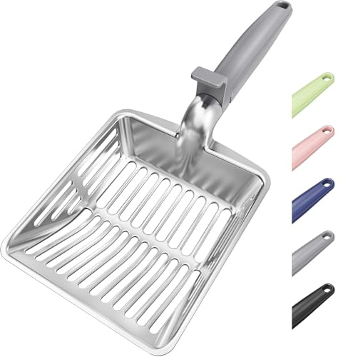 KooMooM Metal Cat Litter Scoop, Large Cat Scooper with Deep Shovel & Dual Sifting Holes for Fast & Precise Sifting, Space Aluminum Kitty Litter Scooper with Long Handle & Easy-to-Hang Hook - Grey