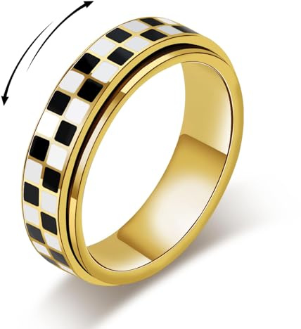 WATEFOER Bague Anti-Stress Motif Échec pour Femme, Or 18K Acier Inoxydable Bague Spinner Noir et Blanc pour Apaiser l'Anxiété, Cadeau Original pour Femmes et Hommes (8)
