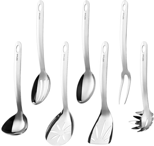 Stainless Steel Cooking Utensils Set, 7PCS Kitchen Utensils Set, Durable Kitchen Utensils - Meat Fork, Solid Serving Spoon, Ladle, Pasta Fork, Skimmer, Slotted Serving Spoon, Slotted Spatula