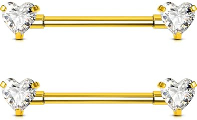 OUFER Body Piercing 2pcs Nipple Bars Internally Titanium 14G Heart CZ Nipple Rings Piercing Jewellery 14mm/16mm Straight Barbell Body Piercing for Women Men
