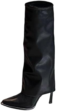 Generisch Bottines pour femme Shark Boots Slouchy Bottes larges Cowboy Hautes Confortables Bout pointu Talon Plateforme Longue Genou Haut Hiver Chaud Cuir Mode Confort Dressy, Noir , 40 EU