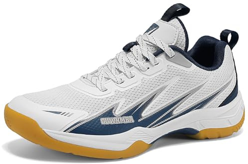 Badminton multisport sneakers för män och kvinnor anti-vridning platta, andningsbart nät, MD-mellansula och halkfri yttersula för inomhusbruk, Vit blå, 45 EU