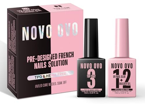 NOVO OVO UV nagellim och monteringsgel 2-i-1, ingen Wipe Top Coat set för färdiga franska tips, HEMA TPO FREE extra starkt grepp för press på akrylnaglar, långvarig