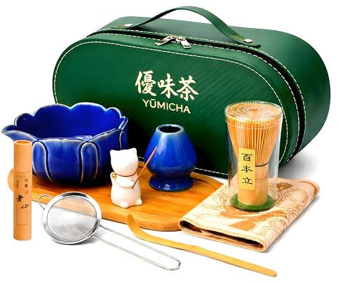 YŪMICHA – KIT Matcha Japonais 10 Pièces – Coffret Cérémonie avec Malette & Plateau Bois – Fouet Thé Matcha Bambou, Bol Céramique & Accessoires – Set Matcha – Idée Cadeau Premium