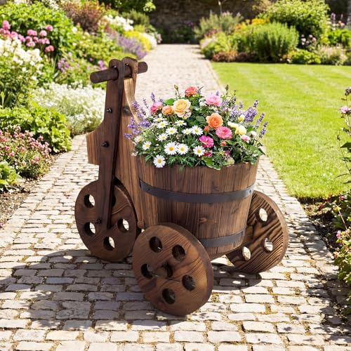 FANTASK Dreirad Pflanzer, 47 x 32 x 43,5 cm, Holzfass Blumenkasten mit Drainagelöchern, Innen & Außenbereich Blumentöpfe, Pflanzenständer für Balkon, Garten (47 x 32 x 43,5 cm)