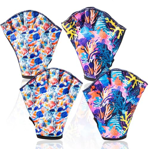 Swim Gloves for Women Men, Webbed Gloves for Water Resistance & Aquatic Fitness, Colorful Coral Shell Pattern Water Aerobics Equipment, Neoprene Training Gloves for Pool, Swimming, Diving