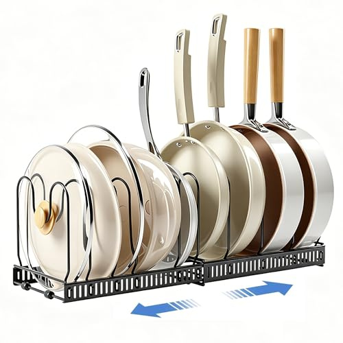 Luckezo Pots and Pans Organizer Rack for Cabinet and Countertop, 10 Adjustable Compartments, Expandable Organizer for Cookie Sheets, Cutting Boards, Pot Lids, Cookware - Frying Pan Rack