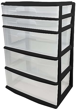 HOMZ Drawer Tower, 5-Tier Extra-Wide Clear Plastic Storage Organizer Cart, Black Frame - Stackable Container Boxes for Bedroom, Bathroom, Garage, and Office Organization