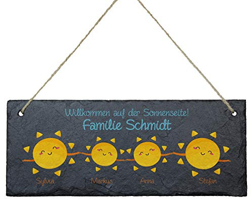 Geschenke 24 Schiefertafel Willkommen auf der Sonnenseite (2 Kinder) - Türschild mit Namen Bedruckt, Schieferplatte für Deine Familie - personalisiert mit Familienname + bis zu 6 Namen
