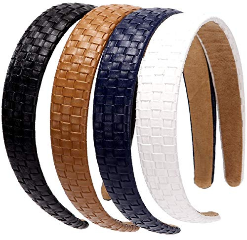 LONEEDY Lot de 4 bandeaux larges et rigides en cuir à carreaux rembourrés antidérapants pour filles et femmes (noir + marron + bleu + blanc))
