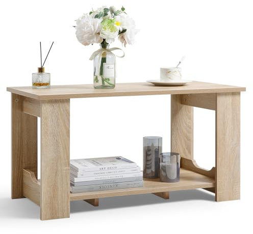 INMOZATA 2 Tier Wood Coffee Table Rectangle with Storage Shelf Tea Table Central Table for Living room Bedroom Office (Wood, 80x40x42cm)