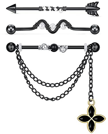 D.Bella 3 STK Industrial Piercing Bar Set mit Baumeln Kette Chirurgenstahl Knorpel Barbell Piercing Schmuck 14Gauge 1.6mm Schwarz 38mm