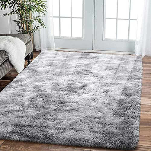 Leesentec Mjuka vardagsrumsmattor, glidbeständig, fluffig sovrumsmatta, stora lurviga golvmattor för hallen och sovrummet (grå/vit, 200 x 250 cm)