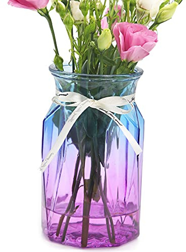 OFFIDIX Glasvase, Moderne geometrische Mittelstücke Dekorative Vase Gradient Multicolor Blumenvase für Büro, Wohnküche, Hochzeitsdekoration (Blau Lila)