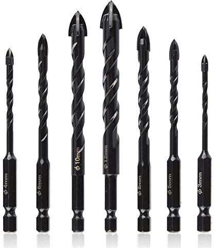 Mesee Set di 7 punte da trapano per piastrelle, per vetro, set di punte per trapano, in metallo duro, punte per trapano a croce, codolo esagonale per cemento, per metallo, vetro, utensili elettrici