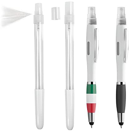 Desingel, Lot de 4 stylos à bille avec pulvérisateur vaporisateur multifonction pour liquide désinfectant les mains, recharge encre noire, stylo tactile professionnel, 2 x 10 ml, 2 x 4 ml