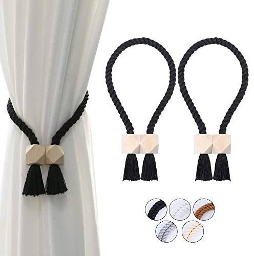 OCIOLI 2 Pack Strong Magnetic Curtain Tiebacks Curtain Holdbacks Outdoor Curtain Tiebacks Cotton Hand Woven Tie Backs Drapery Holdbacks Curtain Ties for Drapes (Black, 2)