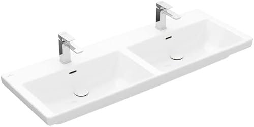 Villeroy & Boch Subway 3.0 Schrank-Doppelwaschtisch, 1300 x 470 mm, 2 Hahnlöcher, mit Überlauf, ungeschliffen, 4A71D5, Farbe: Stone White, Ceramic Plus