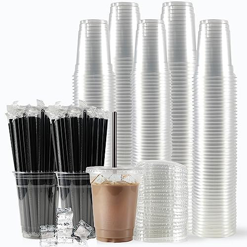 WUHUIXOZ [200 Sets - 12oz Plastic Cups with Lids and Straws, Disposable Cups for Iced Coffee, Smoothie, Milkshake, Cold Drinks - Clear