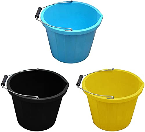 (Set of 3) - Plastic Builders Bucket 3 Gallon 14 Litre Water Mixing Storage Strong with Measuring Guide, Handle And Spout (Blue, Yellow, Black)