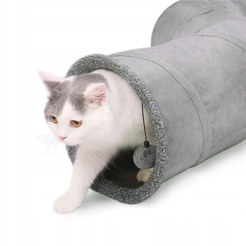 ZAXER Katzentunnel - mit Ball Spielzeug - groß und lang - faltbar mit 2 Löchern für Kätzchen, Kaninchen, Meerschweinchen, Frettchen, Durchmesser 117 x 27 cm, grau