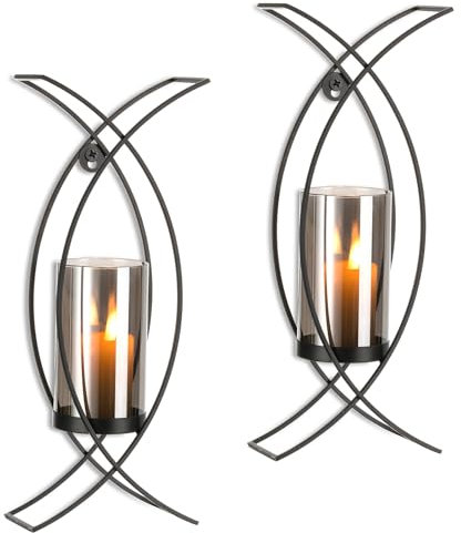 Candle Sconces Wall Decor Set of 2: Walasis Black Hurricane Wall Candle Holders - Modern Wall Mounted Hanging Candles for Indoor Fireplace Kitchen Dining Room
