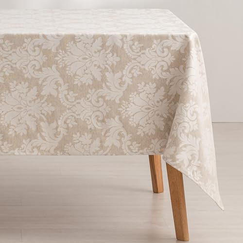 GAMUSI Mantel Antimanchas Mesa Rectangular Floral Jacquard Impermeable 140x180 cm, Tacto Tela, Color Lino - Dama