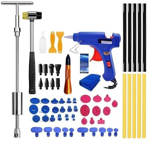 Ventosa Para Coche Abolladuras Kit de reparación de abolladuras de coche, herramientas profesionales de taller mecánico for carrocería de coche, extractor de chapa de Metal, granizo, 64 Uds. Sacabollo